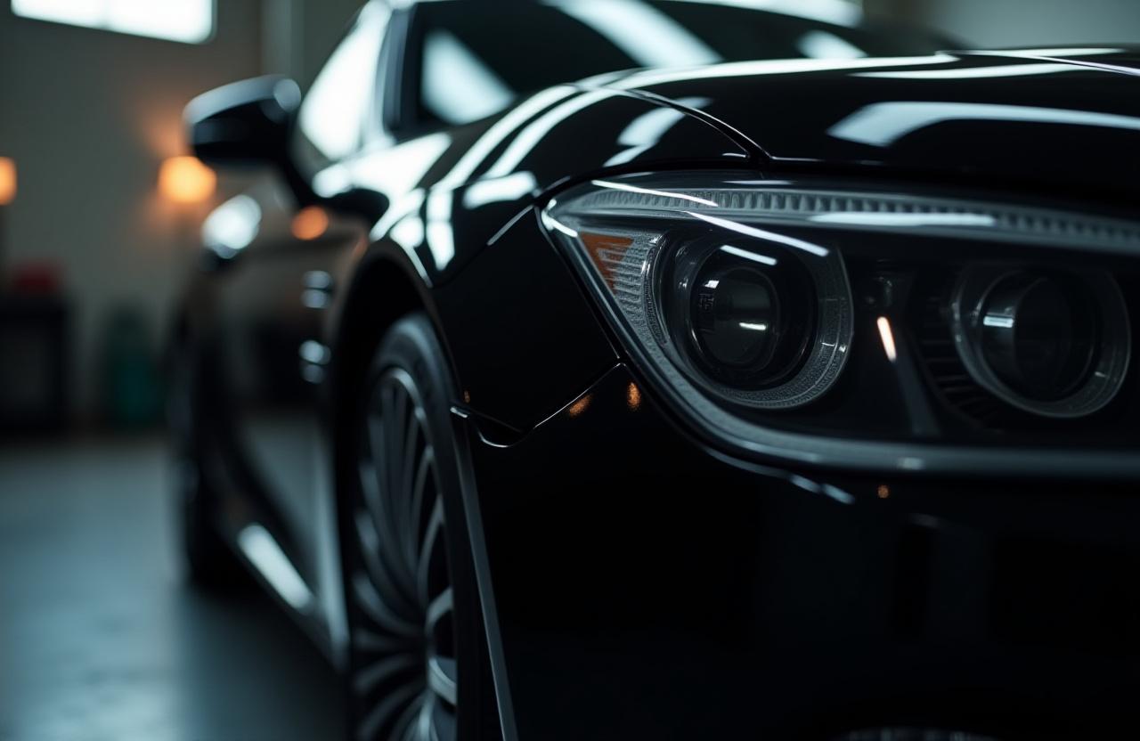 Primo piano di un'auto nera lucida dopo un trattamento di detailing.